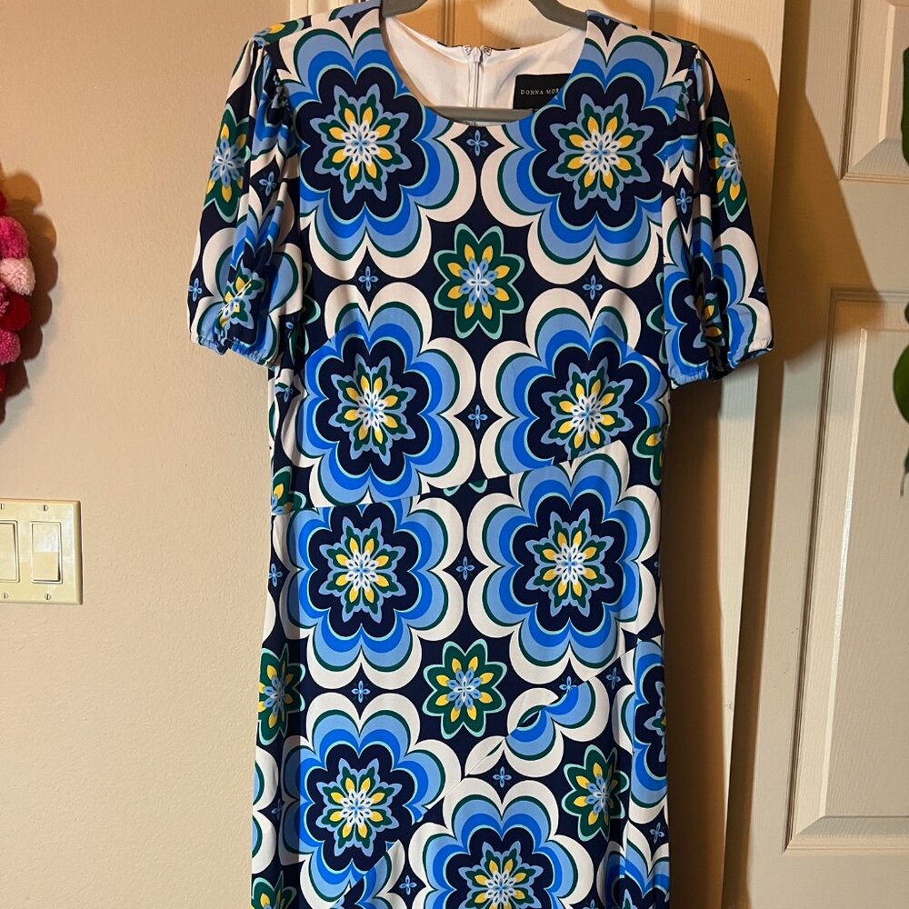 Women's Donna Morgan Blue Geometric Floral Dress - Short Sleeve - Size US 8